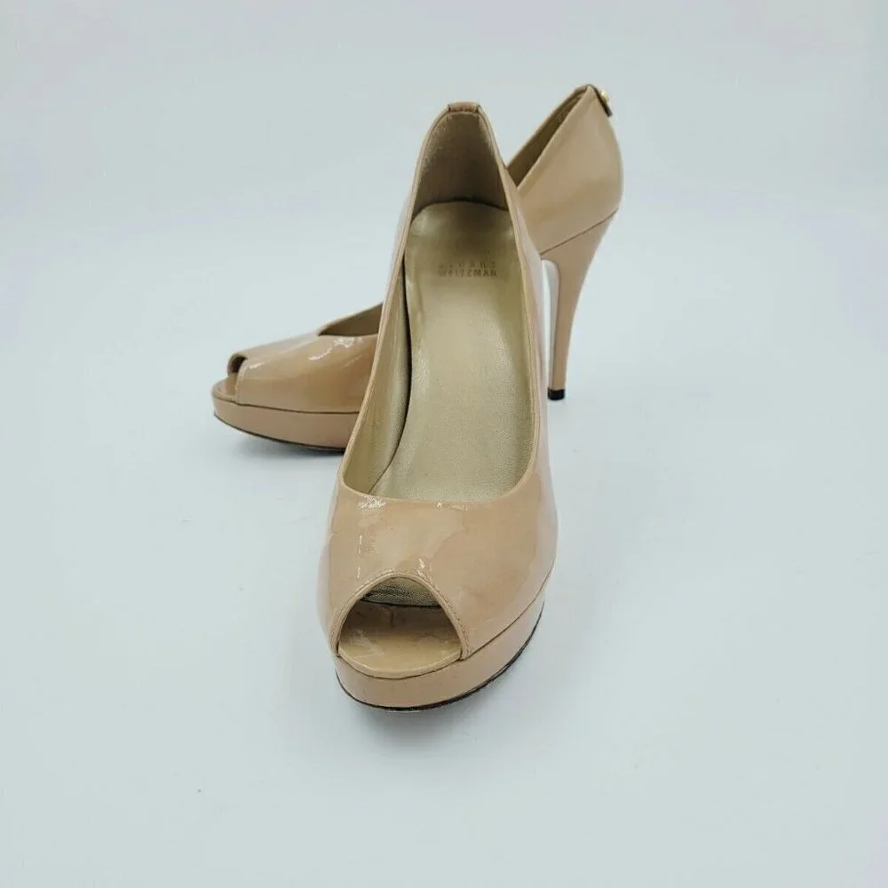 Stuart Weitzman Neutral Patent Leather Platform Peep Toe Pumps Size 8.5M